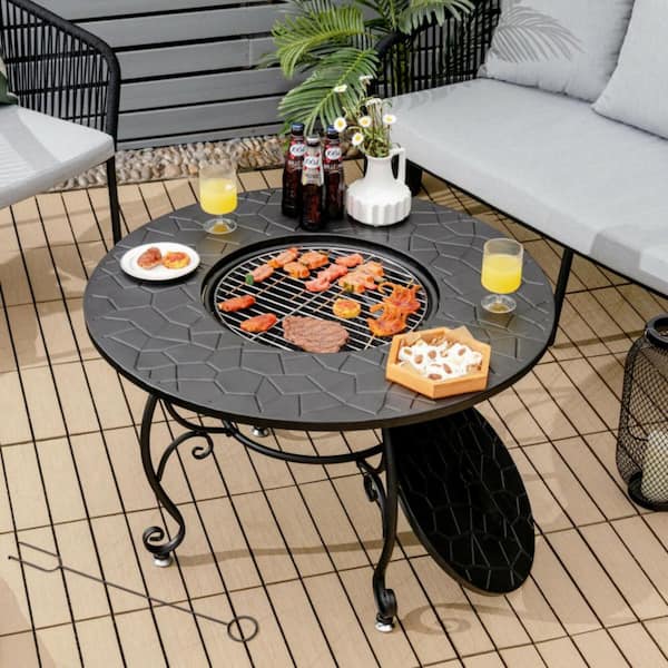 35.5 in. Black Metal Patio Outdoor Wood Burning Fire Pit Table Multifunctional Dining Table with Cooking BBQ Grate