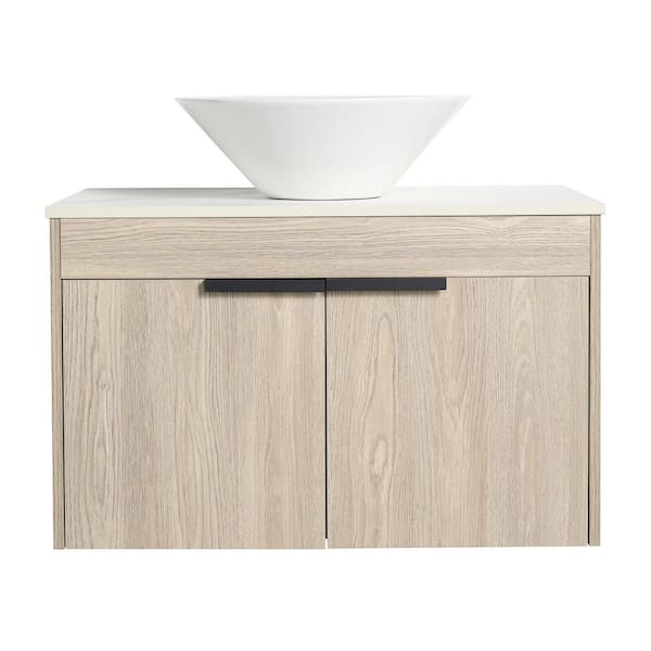JimsMaison 30 in. W x 19 in. D x 24 in. H Wall-Mounted Bath Vanity in White Oak with White Engineered Stone Composite Top and Sink