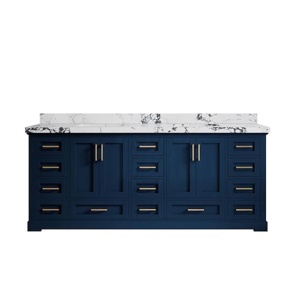Willow Collections Boston 84 in. Double Sink Freestanding Navy Blue Bath Vanity with Viola Night Qt. Top Unassembled