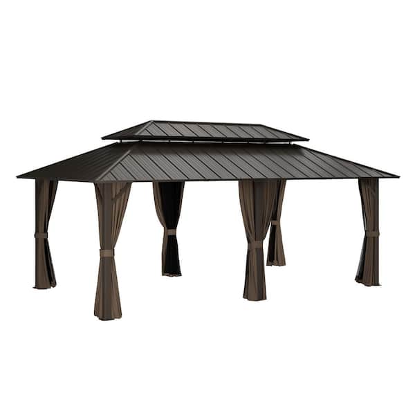 12 ft. x 20 ft. Brown Double-Roof Hardtop Metal Patio Gazebo with Integrated Netting and Adjustable Curtains