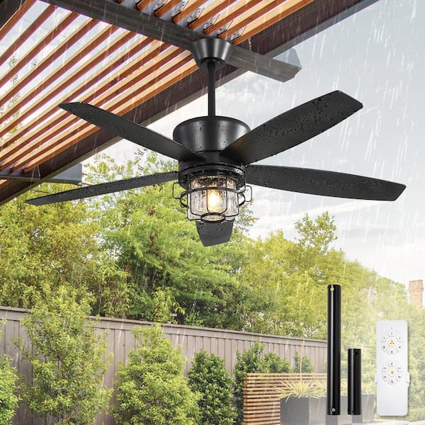 52 in. Black Downrod Waterproof Wet Rated Standard Outdoor Ceiling Fan with Light 3-CCT with Remote