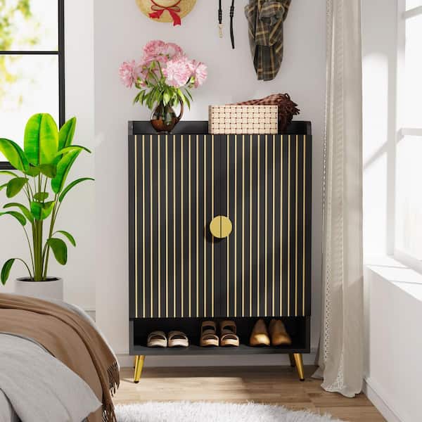 43.3 in. H x 29.6 in. W Black Engineered Wood Shoe Storage Cabinet, 6-Tier Shoe Rack with Doors for Entryway