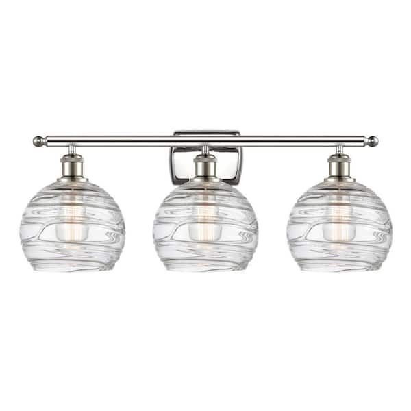 Athens Deco Swirl 26 in. 3-Light Clear Deco Swirl, Polished Nickel Vanity Light with Clear Glass Shade