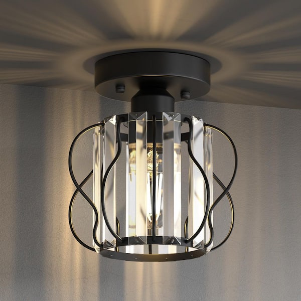 7 in. 1-Light Black Crystal Mini Flush Mount Ceiling Light,Round Clear Shade Chandelier for Hallway, Entryway or Balcony