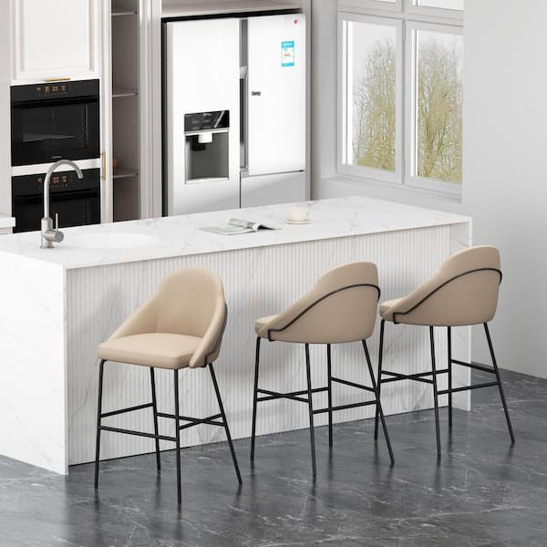 Manhattan Comfort Gracie 29.1 in. Modern Tan and Black Metal Frame Bar Stool with Faux Leather Upholstered Seat (Set of 3)