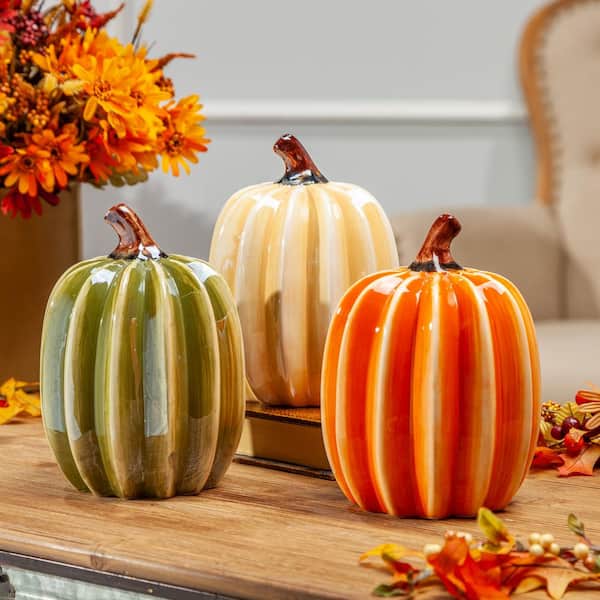 GERSON INTERNATIONAL Assorted 8 in. H Ribbed Dolomite Harvest Pumpkins (Set of 3)