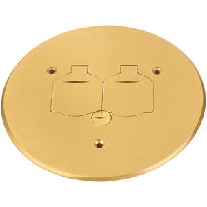 Low-Profile Round Floor Box Outlet Cover with 15A TR Duplex Receptacle and 2 Lift Lids, Brass