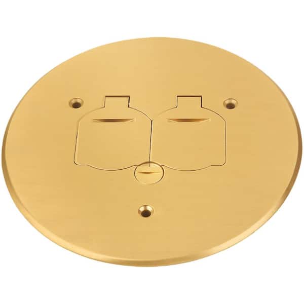 NEWHOUSE ELECTRIC Low-Profile Round Floor Box Outlet Cover with 15A TR Duplex Receptacle and 2 Lift Lids, Brass