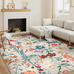 April Beige 8 ft. x 10 ft. Floral Washable Area Rug