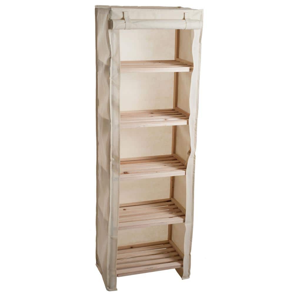 Five-Tier Light Wood and Metal Storage Shelf with Removable Cover