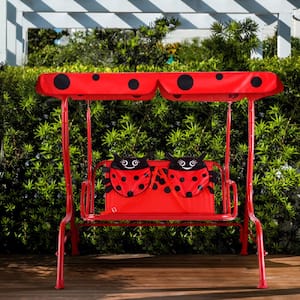 Kids Patio Porch Bench Swing with Safety Belt Canopy Outdoor Furniture Red