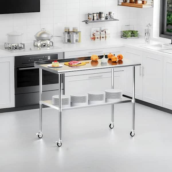60 in. x 30 in. Brushed Stainless Steel Kitchen Prep Table with Adjustable Open Shelf and Wheels