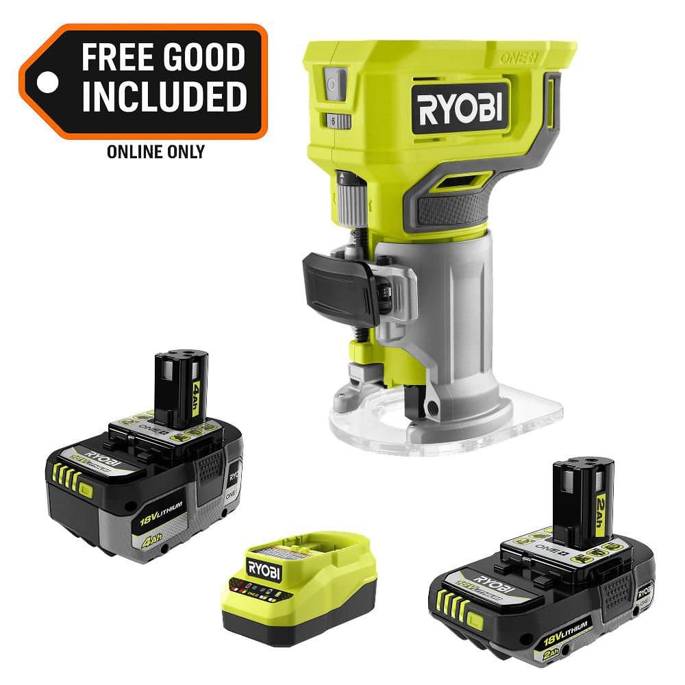 RYOBI ONE+ compact router kit · 2Ah + 4Ah batteries