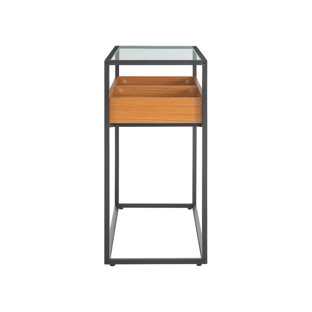 Golden Oak and Black Metal Console Table with Glass Top and Storage Shelf