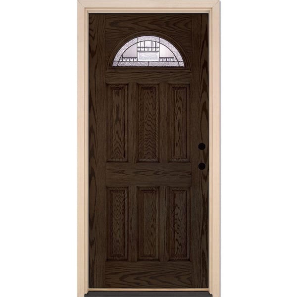 Feather River Doors 37.5 in. x 81.625 in. Preston Patina Fan Lite Stained Walnut Oak Left-Hand Inswing Fiberglass Prehung Front Door