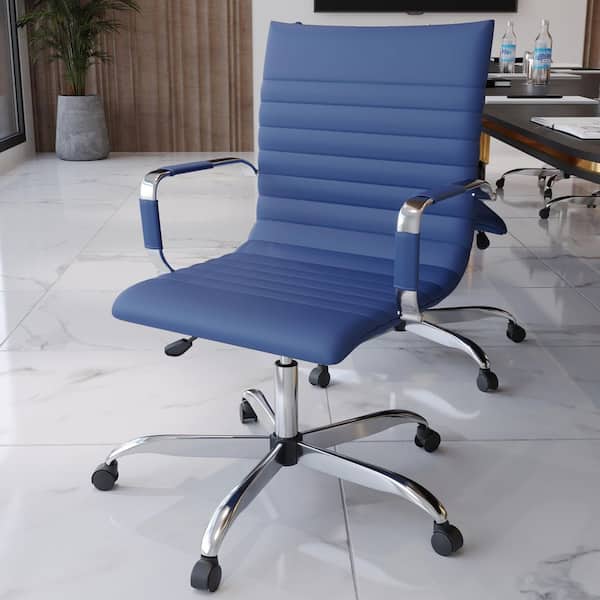 Leisuremod Harris Mid-Back Leather Office Chair Chrome Frame Adjustable Height, Swivel, Tilt Conference Chair in Navy Blue