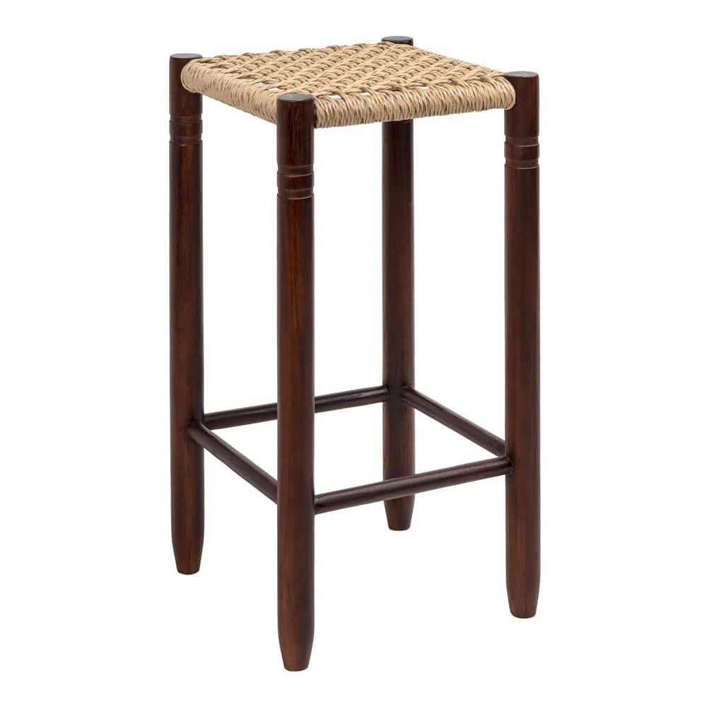 Columnar 29.5 in. Teak Wood Backless Indoor/Outdoor Bar Stool with Woven Rattan Seat, Light Brown/Dark Brown Wood price history on PriceWatchPro