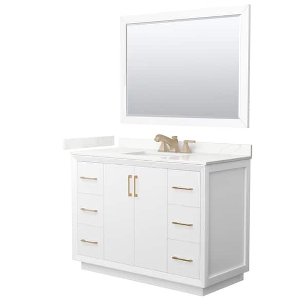 Wyndham Collection Strada 48 in. W x 22 in. D x 35 in. H Single Bath Vanity in White with Giotto Quartz Top and 46 in. Mirror