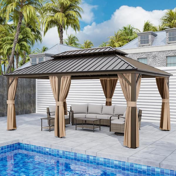 18 ft. x 12 ft. Hardtop Gazebo with Aluminum Frame, Galvanized Steel Double Roof Gazebo with Netting and Curtains, Brown