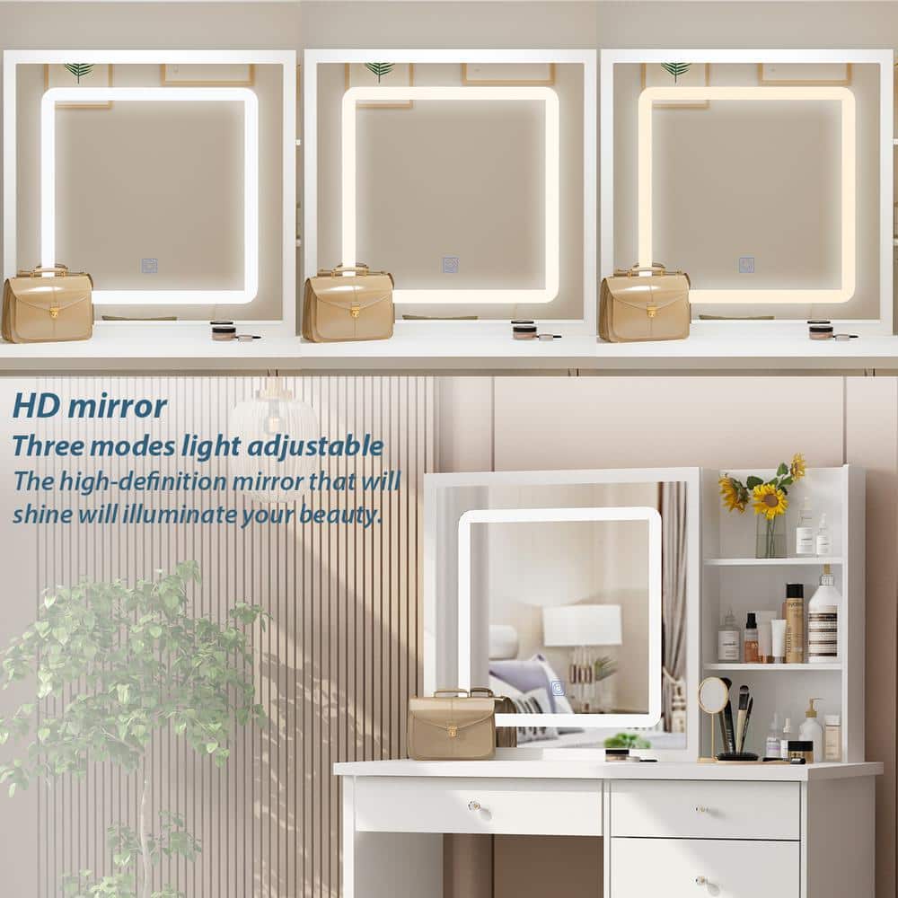 5-Drawers White Wood Makeup Vanity Sets Dressing Table Sets With LED Push-Pull Mirror, Stool and Storage Shelves - thumbnail 6