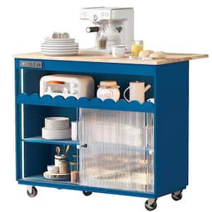 Navy Blue Rubber Wood Top 44.02 in. Kitchen Island with Power Outlets and 2 Sliding Fluted Glass Doors