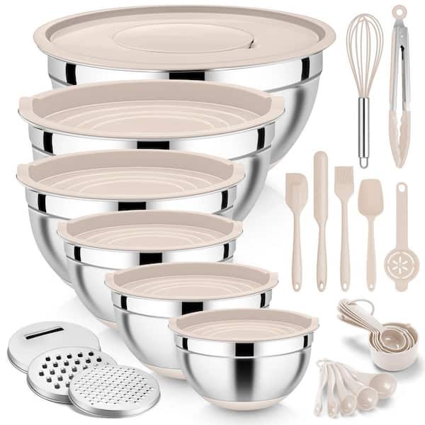 25-Piece Stainless Steel Mixing Bowl Set with Lids, Non-Slip Base, Grater Attachments, Khaki Finish