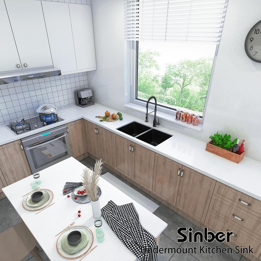 Sinber 32" Black Stainless Steel Double Bowl Undermount Kitchen Sink