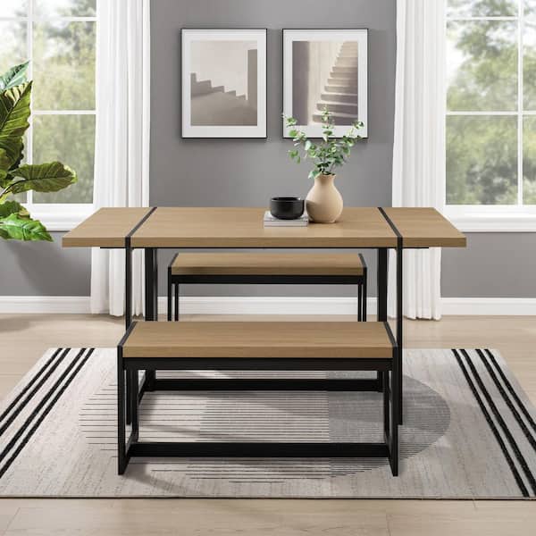 3-Piece Coastal Oak Wood and Metal Rustic Modern Box-Leg Dining Set