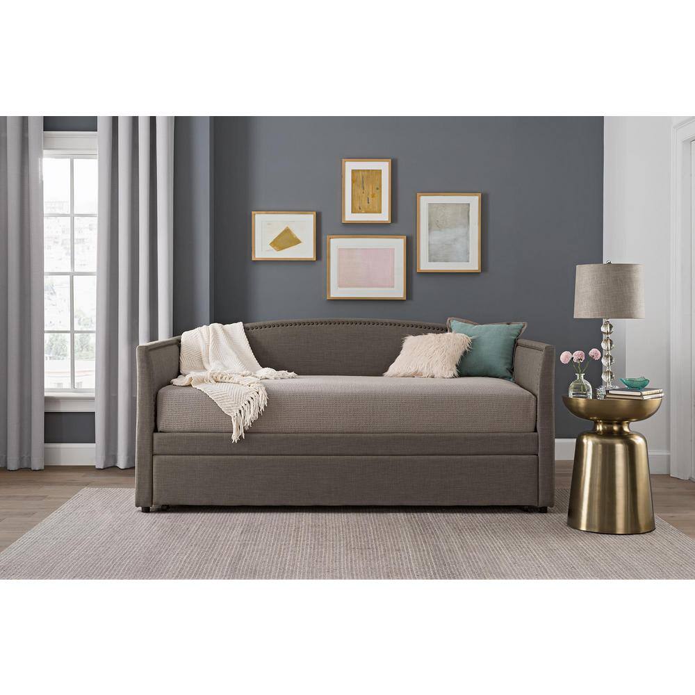 Gray Linen Twin Daybed with Trundle and Nailhead Trim