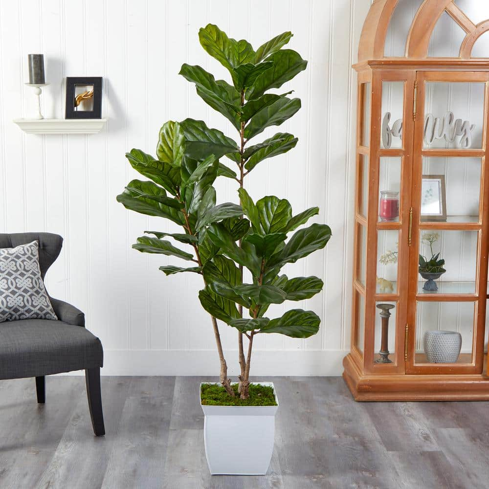 Nearly Natural 5.5 ft. Indoor/Outdoor Fiddle Leaf Artificial Tree in White Metal Planter UV Resistant