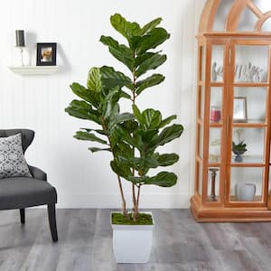 5.5 ft. Indoor/Outdoor Fiddle Leaf Artificial Tree in White Metal Planter UV Resistant