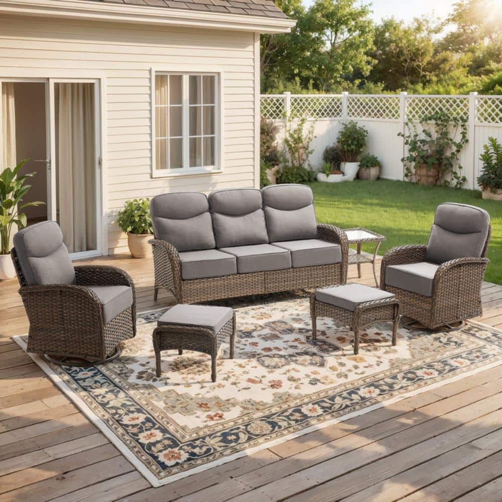 Rivieral Brown 6-Piece Wicker Patio Conversation Set with 6-Inch Gray Cushions, Swivel Glider Chairs & Ottomans price history on PriceWatchPro