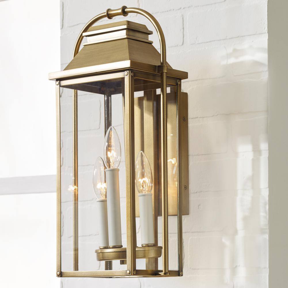 Wellsworth Painted Distressed Brass 3-Light Rectangular Lantern Sconce