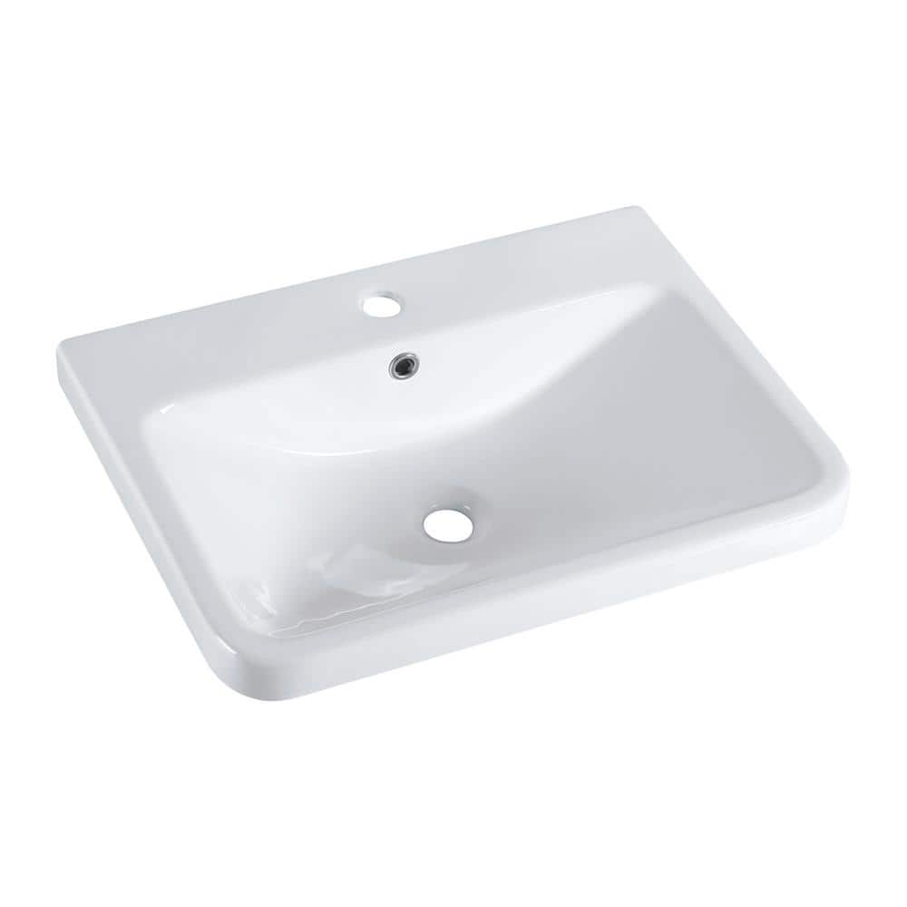 White Ceramic Rectangular Drop-In Bathroom Sink with Overflow
