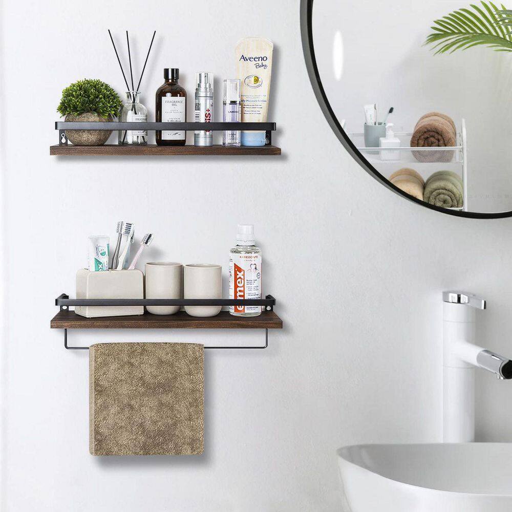 Brown Wood Floating Wall Shelves with Towel Rack