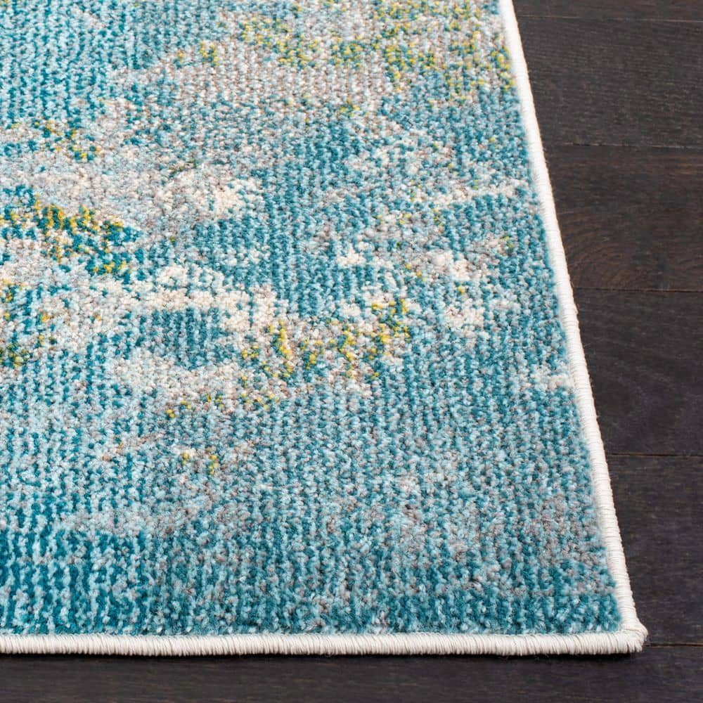 Light Blue and Green Synthetic 8' x 8' Square Abstract Area Rug