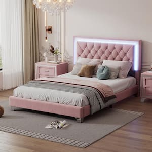 Pink Wood Frame Full Size Velvet Platform Bed with Tufted Headboard and LED Lights