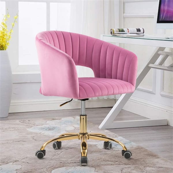 Modern Cute Upholstered Velvet Swivel and Adjustable Task Chair in Bright Pink with Arm