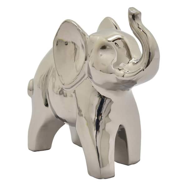 THREE HANDS 11.5 in. Ceramic Elephant Tabletop in Silver