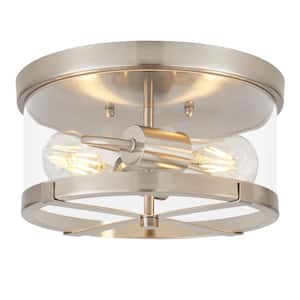 11.8 in. 2-Light Nickel Flush Mount Ceiling Light with Clear Glass Shade