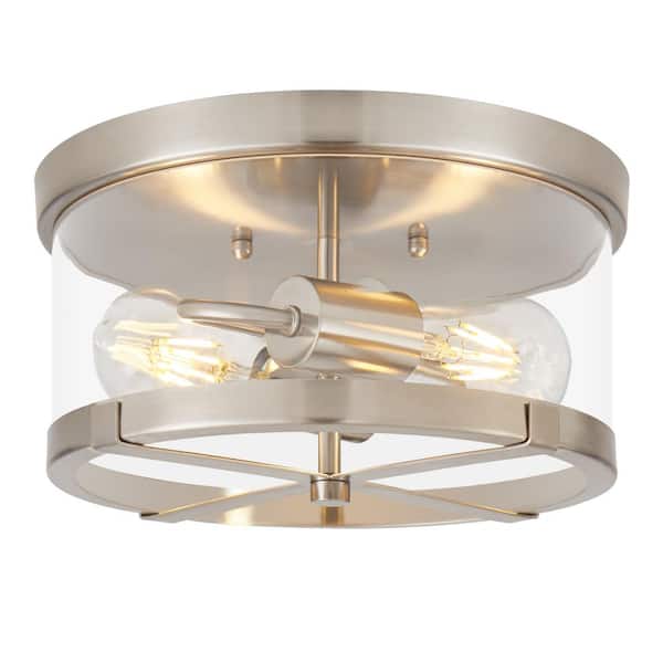 LamQee 11.8 in. 2-Light Nickel Flush Mount Ceiling Light with Clear Glass Shade