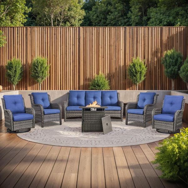 moosprr Arcline 6-Piece Gray Wicker Fire Pit Conversation Set with Olefin Blue Cushions and Swivel Glider/Lounge Chairs