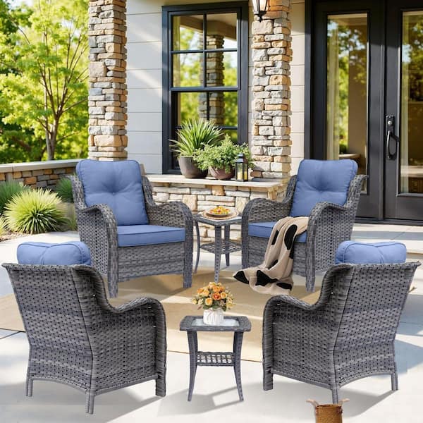 Gray 6-Piece Wicker Patio Conversation Set with Armrest Chairs Outdoor Rattan Side Table with Denim Blue Cushions