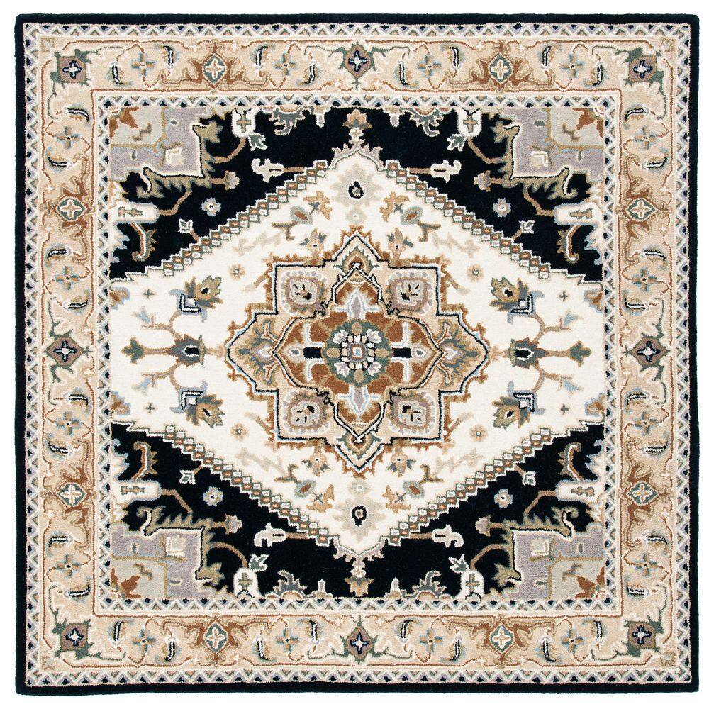 Beige and Navy Hand-Tufted Wool Square Area Rug 6' x 6'