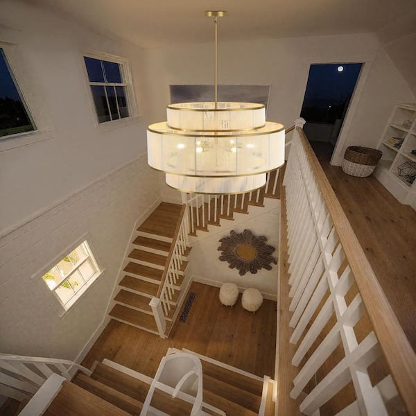 Bohemian 30 in. 6-Light Gold Rattan Tiered Drum Chandelier with Beige Hand Woven Shades