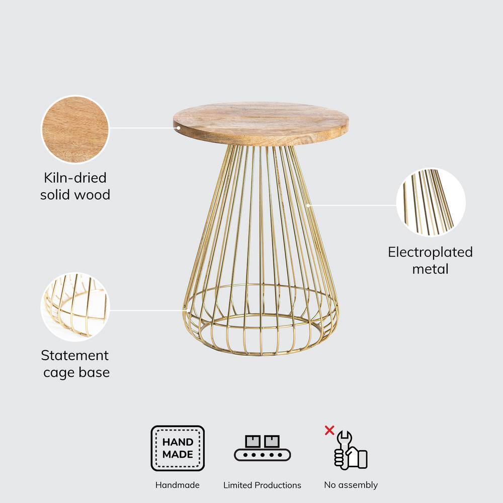 Opulent Round 20" Gold and Natural Wood Side Table