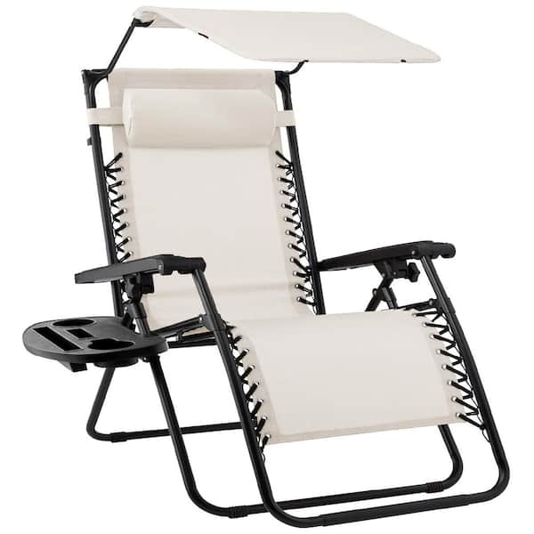 Best Choice Products Zero Gravity Folding Reclining Ivory Fabric Outdoor Lawn Chair with Canopy Shade, Headrest Tray