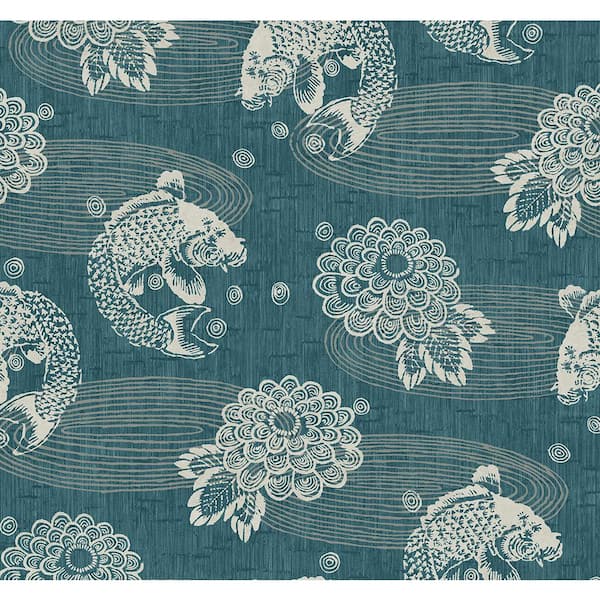 Seabrook Designs 60.75 sq. ft. Lagoon & Metallic Steel Adler Koi Paper Unpasted Wallpaper Roll