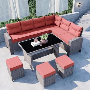 7-Piece Wicker Outdoor Dining Table Set with Ottomans and Cushions Red