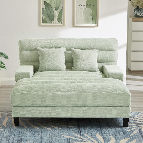 Green Chenille Upholstered Square Arms Chaise Lounge Sofa with Adjustable Backrest and LED Light Strip